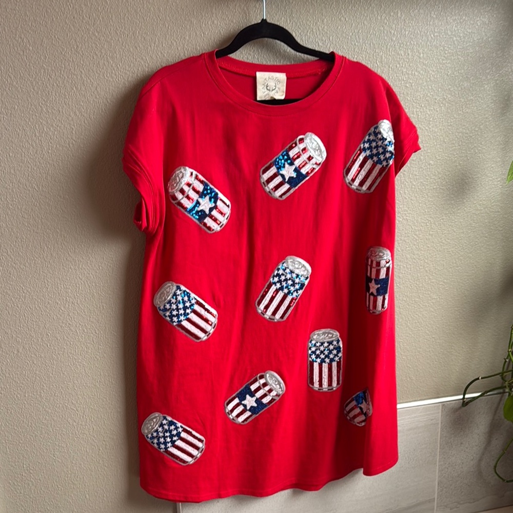 Red T-Shirt Dress with sequin American Flag Beer Can Print